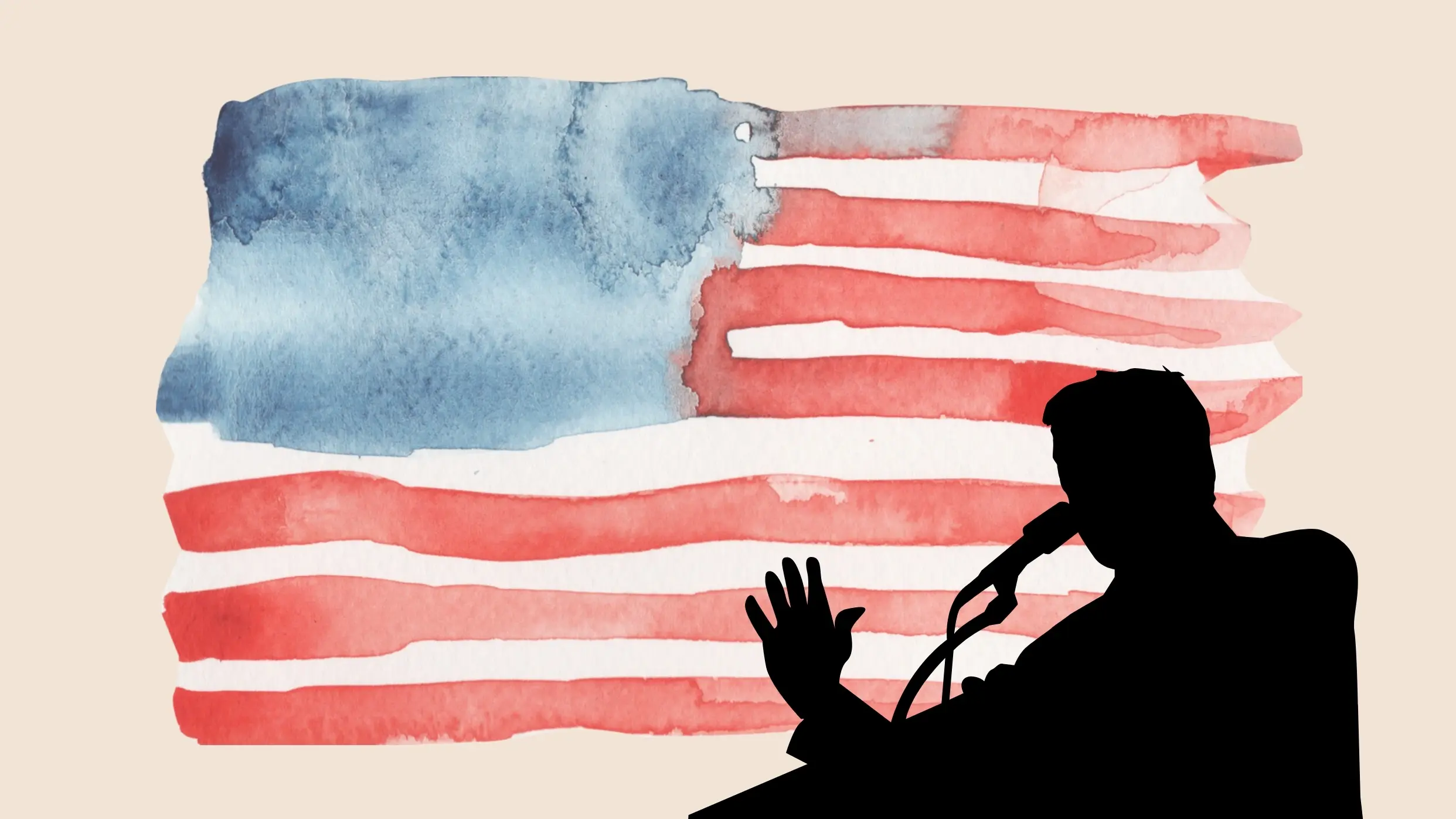 Illustration der USA-Flagge und eines Redners am Pult