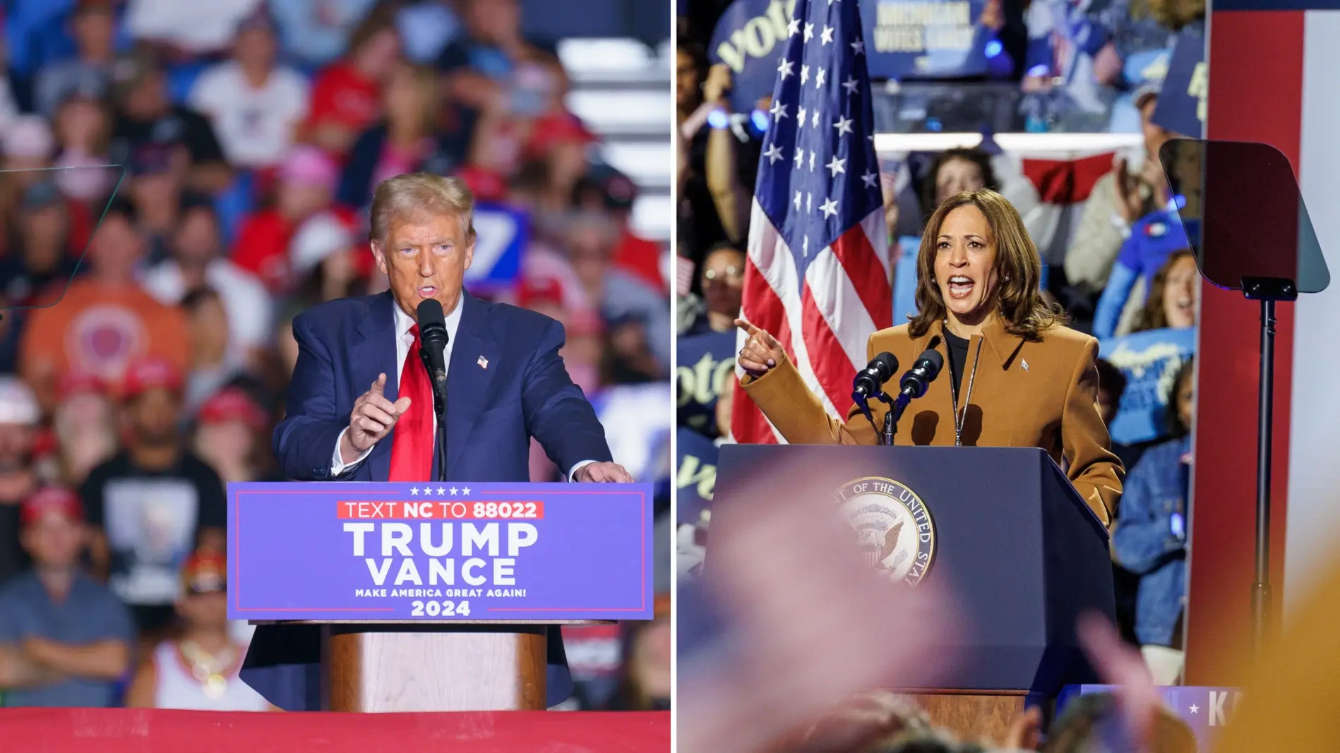 Collage von Donald Trump und Kamala Harris bei Wahlkampfauftritten