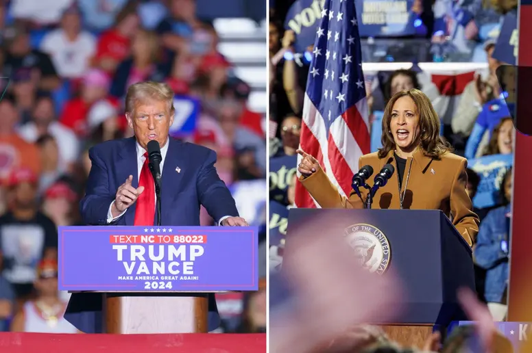 Collage von Donald Trump und Kamala Harris bei Wahlkampfauftritten