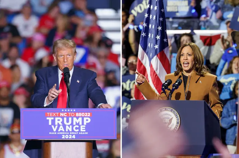 Collage von Donald Trump und Kamala Harris bei Wahlkampfreden