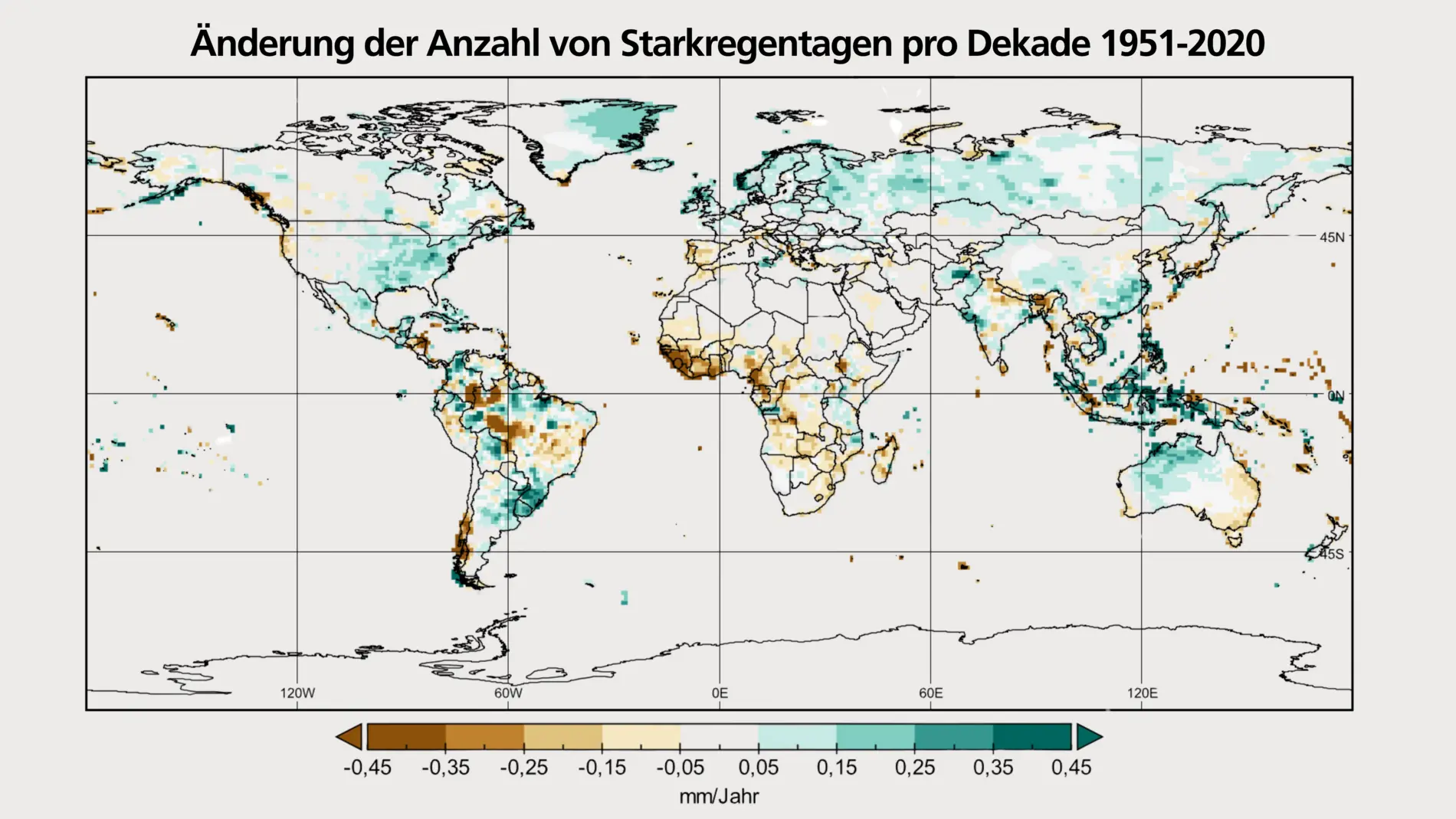 Grafik zur Änderung der Anzahl von Starkregentagen pro Dekade 1951-2020