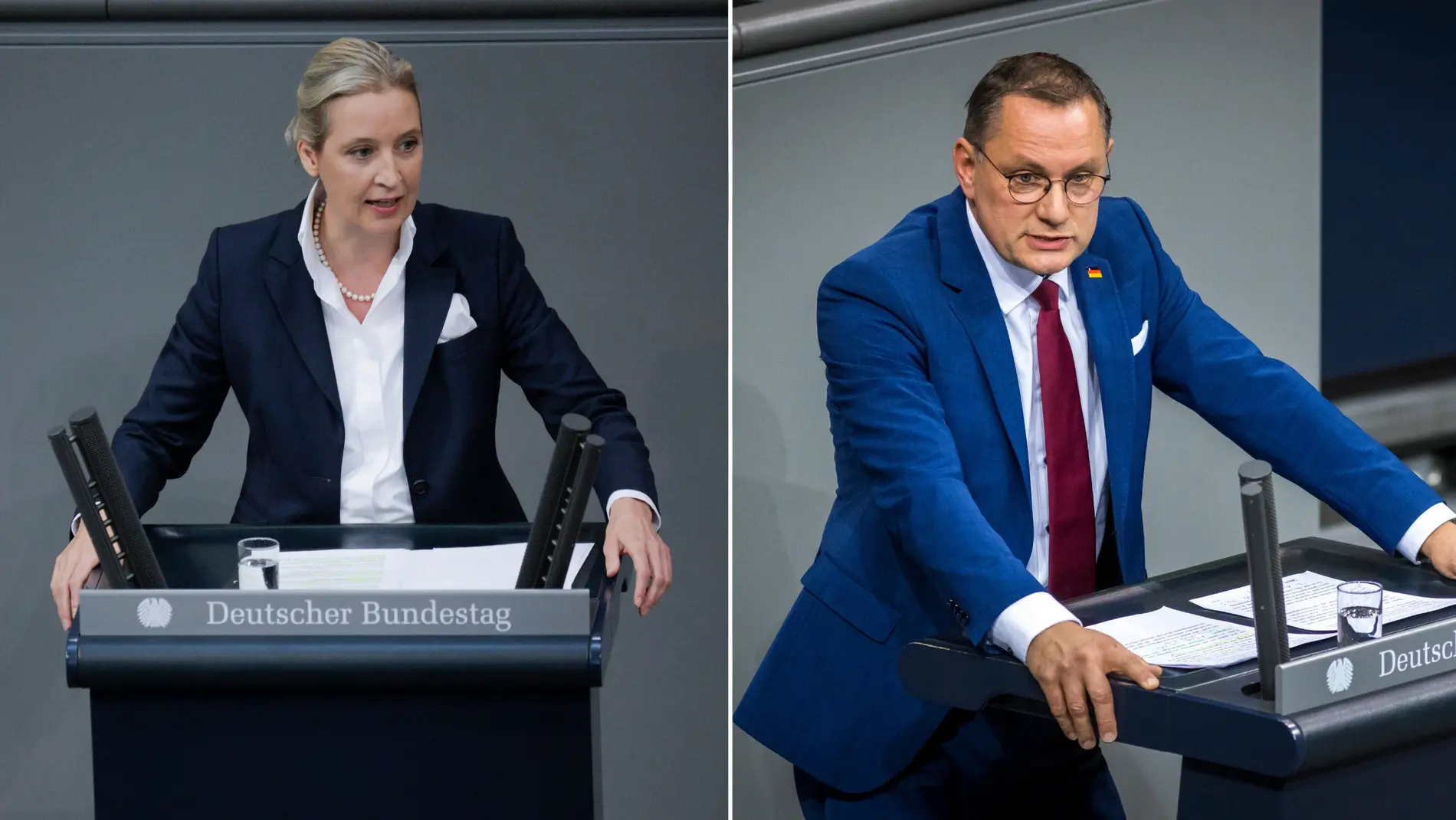 Alice Weidel und Tino Chrupalla jeweils am Rednerpult