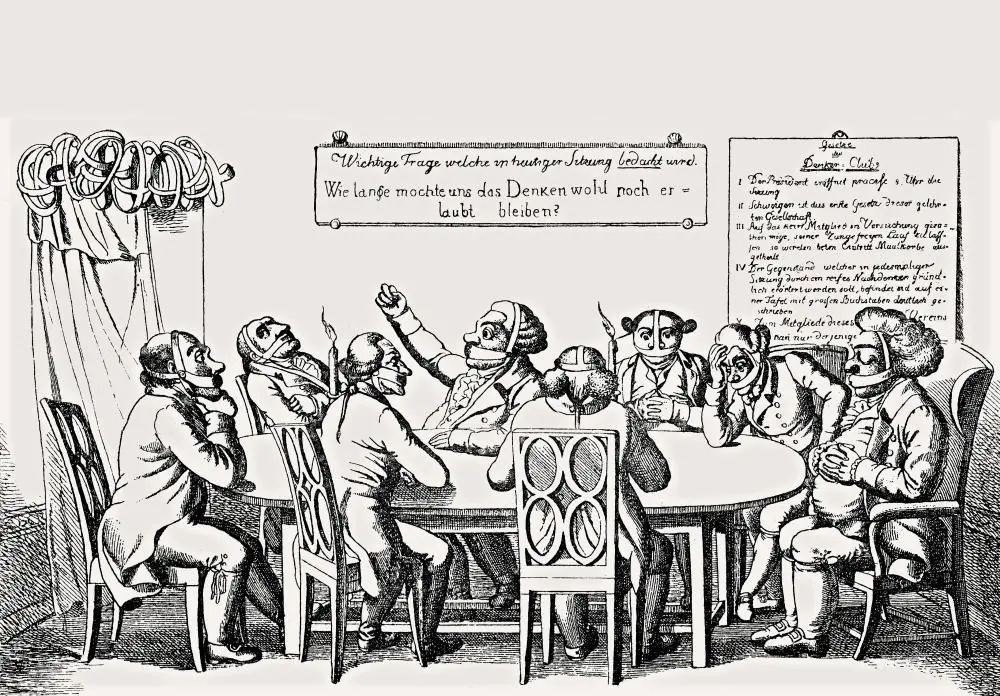 Der Club der Denker, Karikatur auf die Karlsbader Dekrete vom 20. September 1819