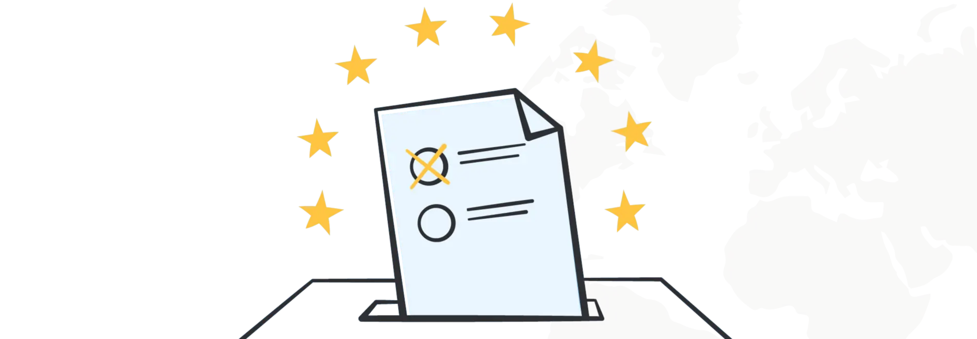 Illustration Europa auf der Weltkarte mit einer Wahlurne und den Europa-Sternen