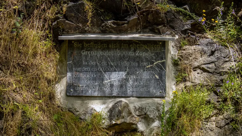 Gedenkstein an der Saale in Blankenberg umringt von Moos