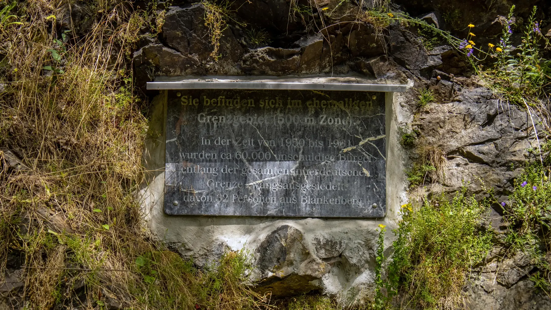 Gedenkstein an der Saale in Blankenberg umringt von Moos