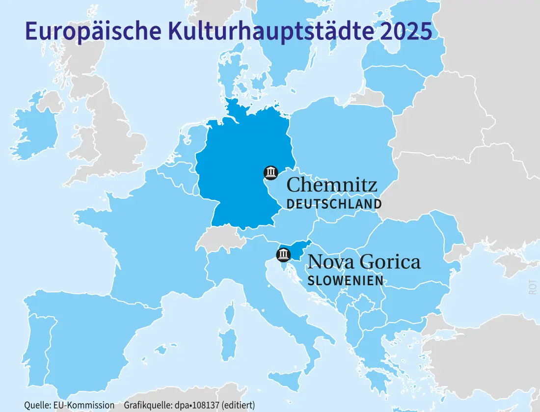 Eine stilisierte Europa-Karte mit Hervorhebungen für Chemnitz und Nova Gorica