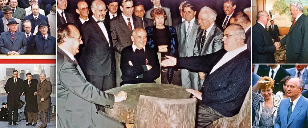 Michael Gorbatschow mit Kanzler Helmut Kohl und Außenminister Hans-Dietrich Gens
